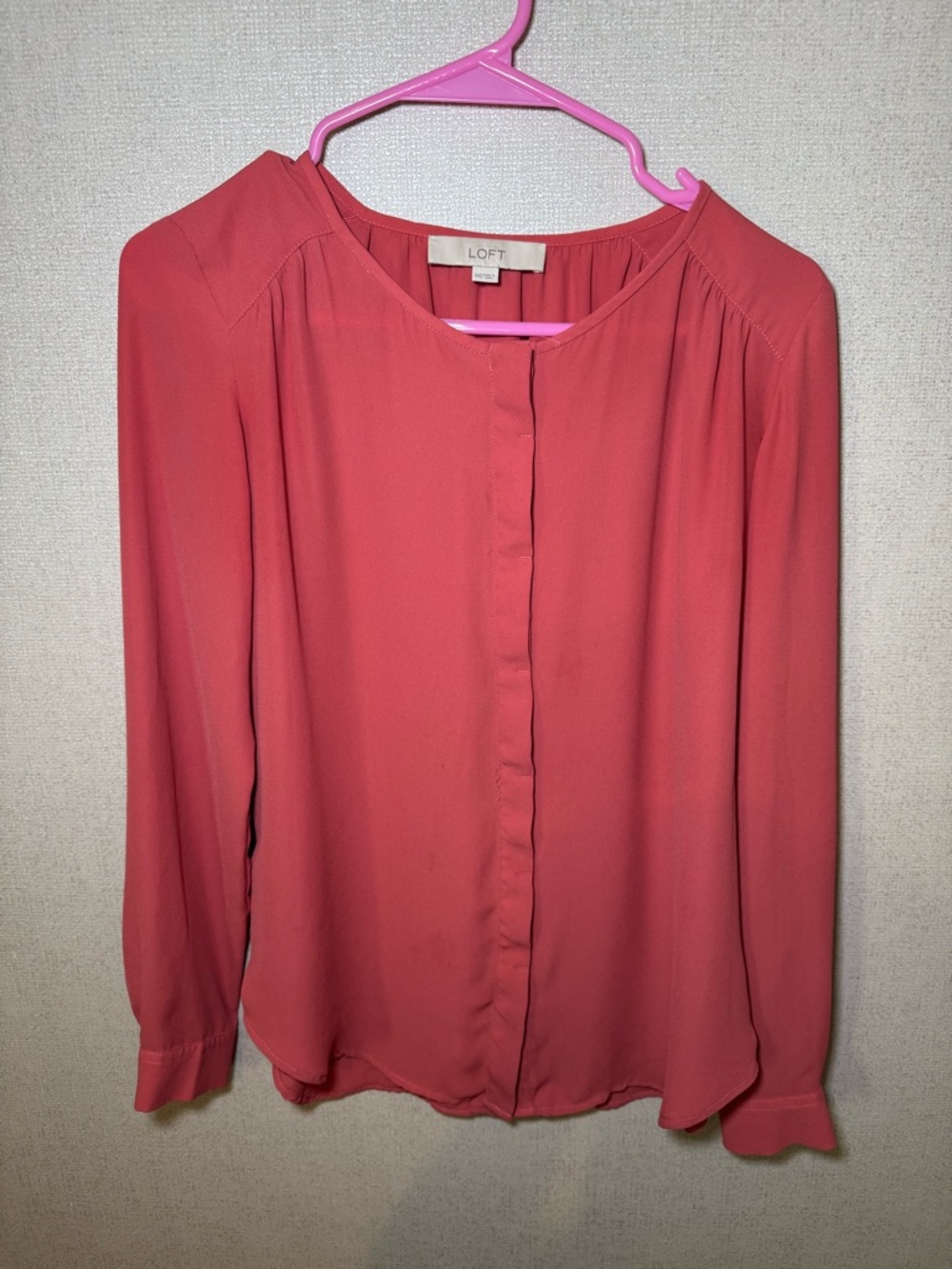 LOFT Coral-Red Button-Front Long Sleeve Blouse